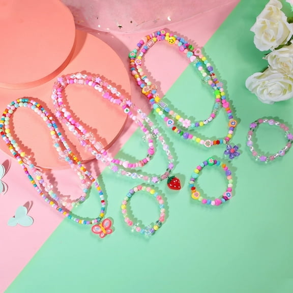 PinkSheep 9Pcs Jewelry Set Butterfly Flower Strawberry Pendant Necklace Beaded Bracelets Jewelries for Dress up