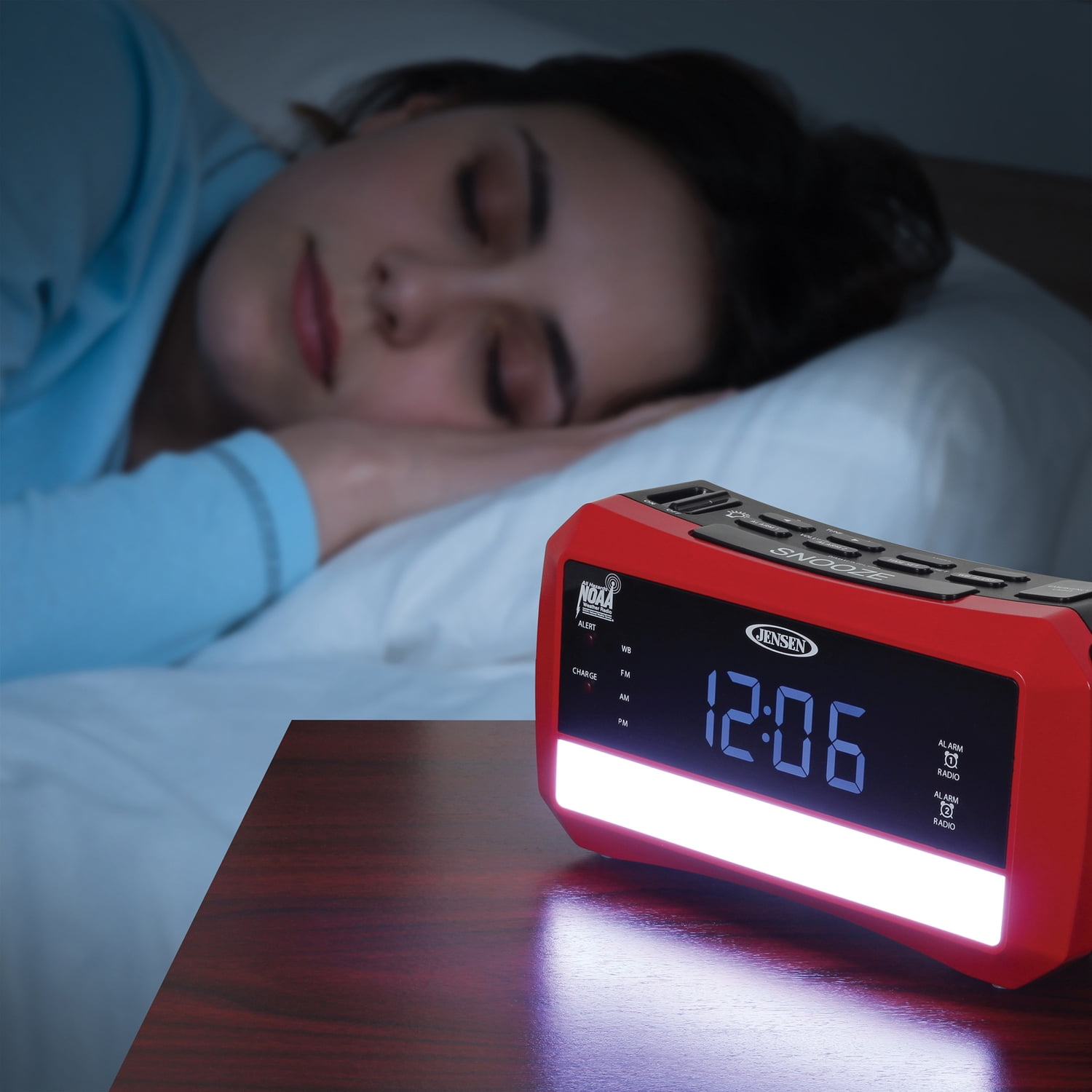 JENSEN Digital AM/FM Weather Alarm Clock Radio with Weather Alert, Emergency Light, and Flashlight, Red, JEP-775, JEP-775
