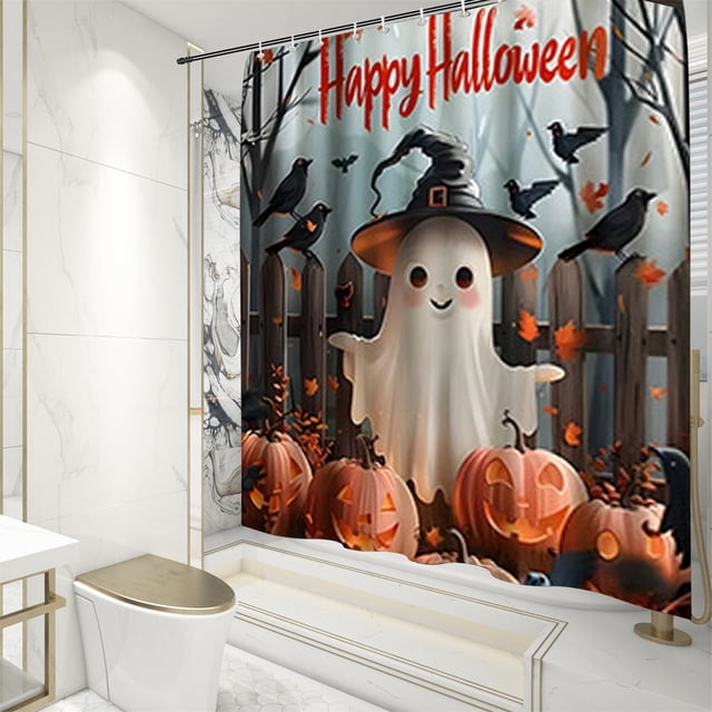 Halloween Shower Curtain Set Halloween Bathroom Curtain Set Shower Curtain Pumpkin Shower Curtain Set With Non Slip Rugs Toilet Lid Cover And Bath Mat