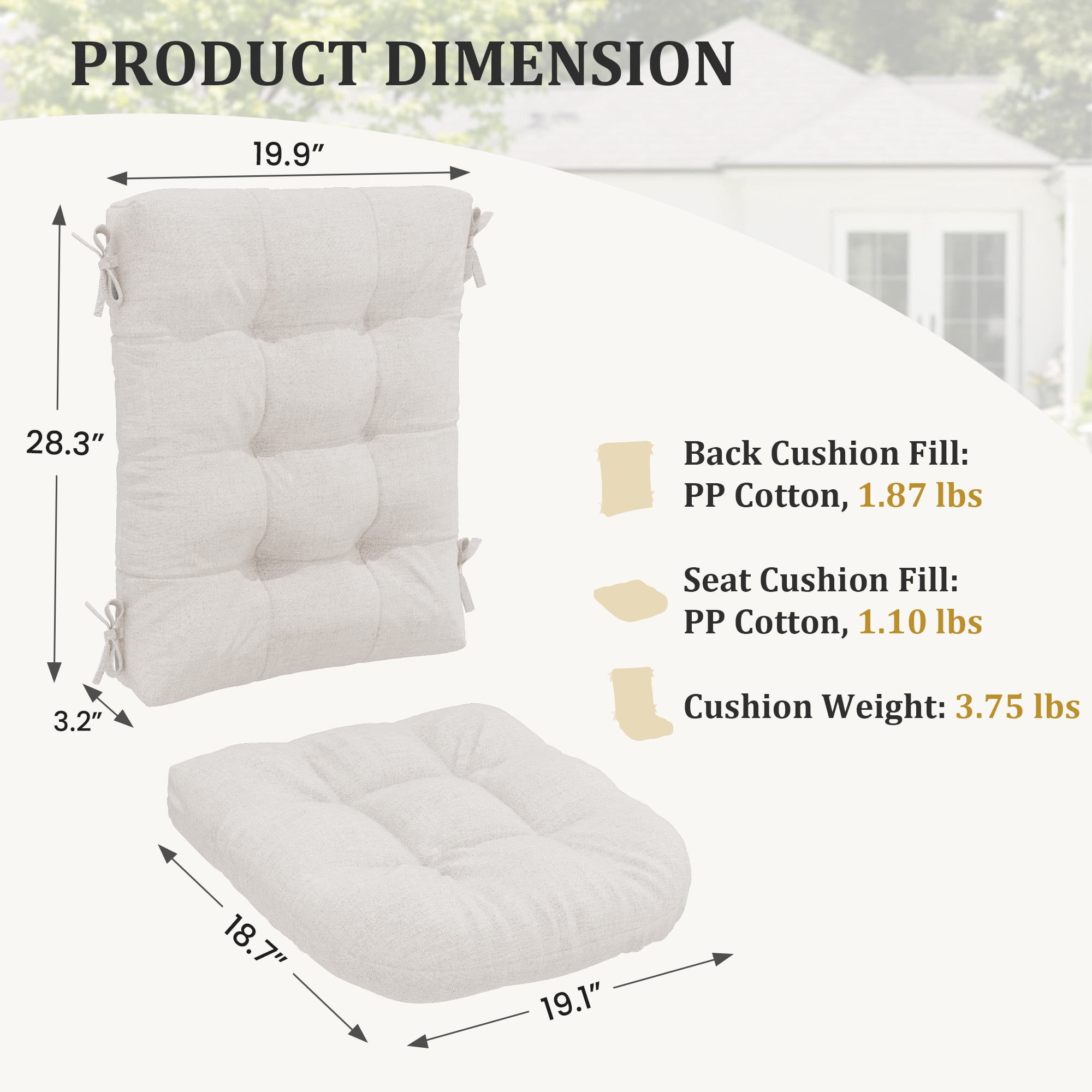 FUNDAZE Outdoor Chair Cushion, 47"L x 19.9"W 2 Piece Cushion W/ Ties for Indoor Outdoor Rocking Chairs, Beige