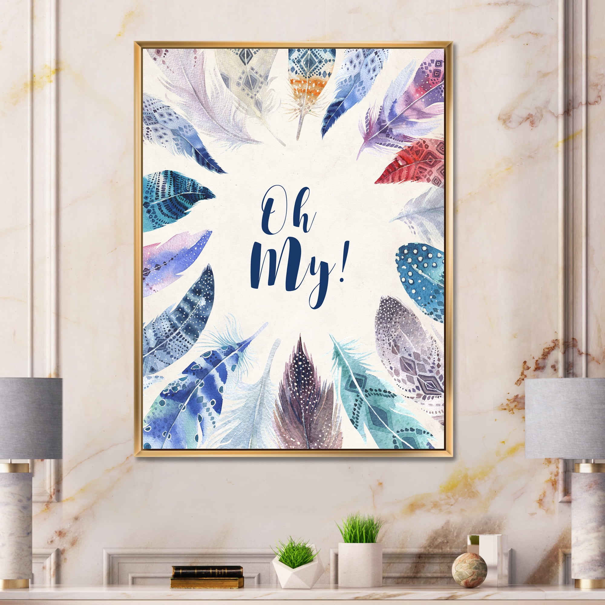 Designart 'Vital Blue Feathers Oh My' Bohemian & Eclectic Framed Canvas Wall Art Print