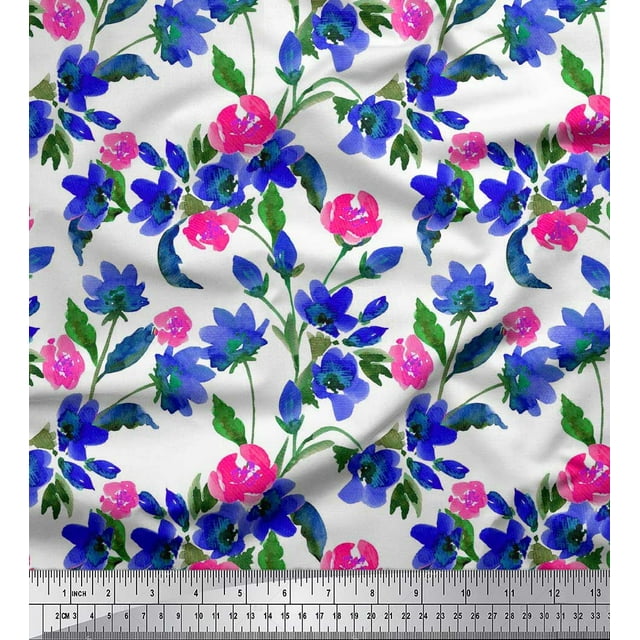 Soimoi Poly Georgette Fabric Flower & Leaves Watercolor Decor Fabric Printed Yard 52 Inch Wide