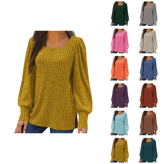 Fall Shirts for Women 2025 Solid Color Ribbed Knit Square Neck Sweater Tops Blouse Long Sleeve Shirts for Women