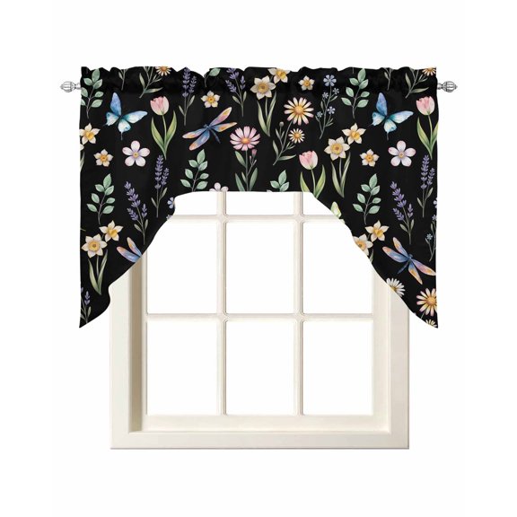 Spring Floral Swag Valances for Windows, Small Curtains Drapes, Elegant Pastoral Flowers Dragonfly Black Kitchen Window Curtains Over Sink Window Treatment Valance for Bedroom/Bathroom 56"x36"