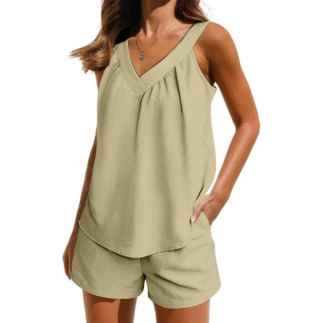 Ensemble de Pyjama pour Femmes 2 Pcs, Haut à Manches Courtes et Shorts, Col en V Doux avec Poches