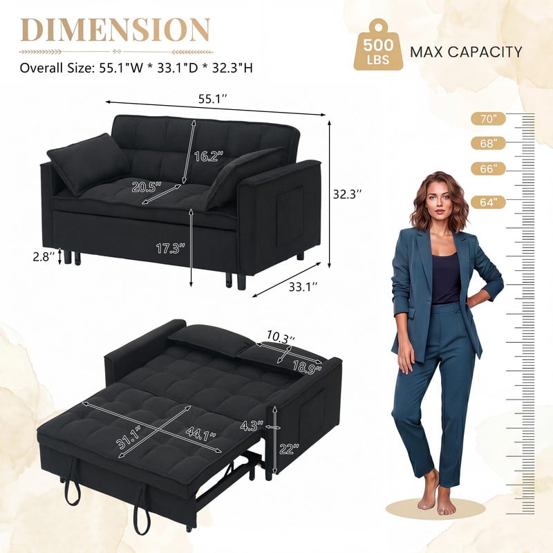 54.3" Corduroy Modular Sectional Sleeper Sofa,Loveseat with Pull Out Bed, Black – Space-Saving Couch for Living Room, Guest Bed, Apartment