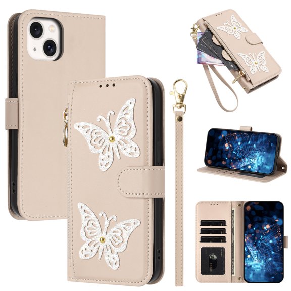 for iPhone 15 Wallet Case, PU Leather TPU Protective Cover with Butterfly Design Zipper Pocket Card Slots Kickstand Shoulder Strap Wrist Strap Magnetic Clasp, Apricot