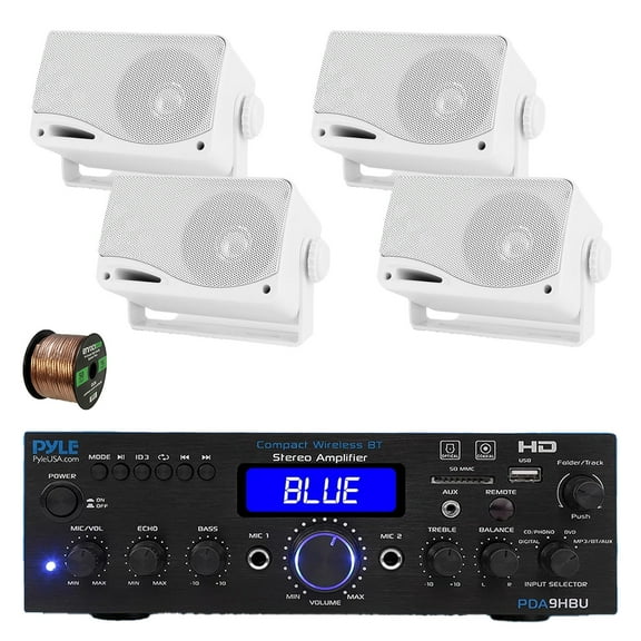 Pyle PDA9HBU 2-Channel Home Theater Bluetooth HiFI Audio Optical/HDMI/USB/SD FM Radio Receiver, 4x 3.5" 200 Watt 3-Way Indoor/Outdoor Wall Mount Audio Speakers (White), 50 ft 16 Gauge Speaker Wire