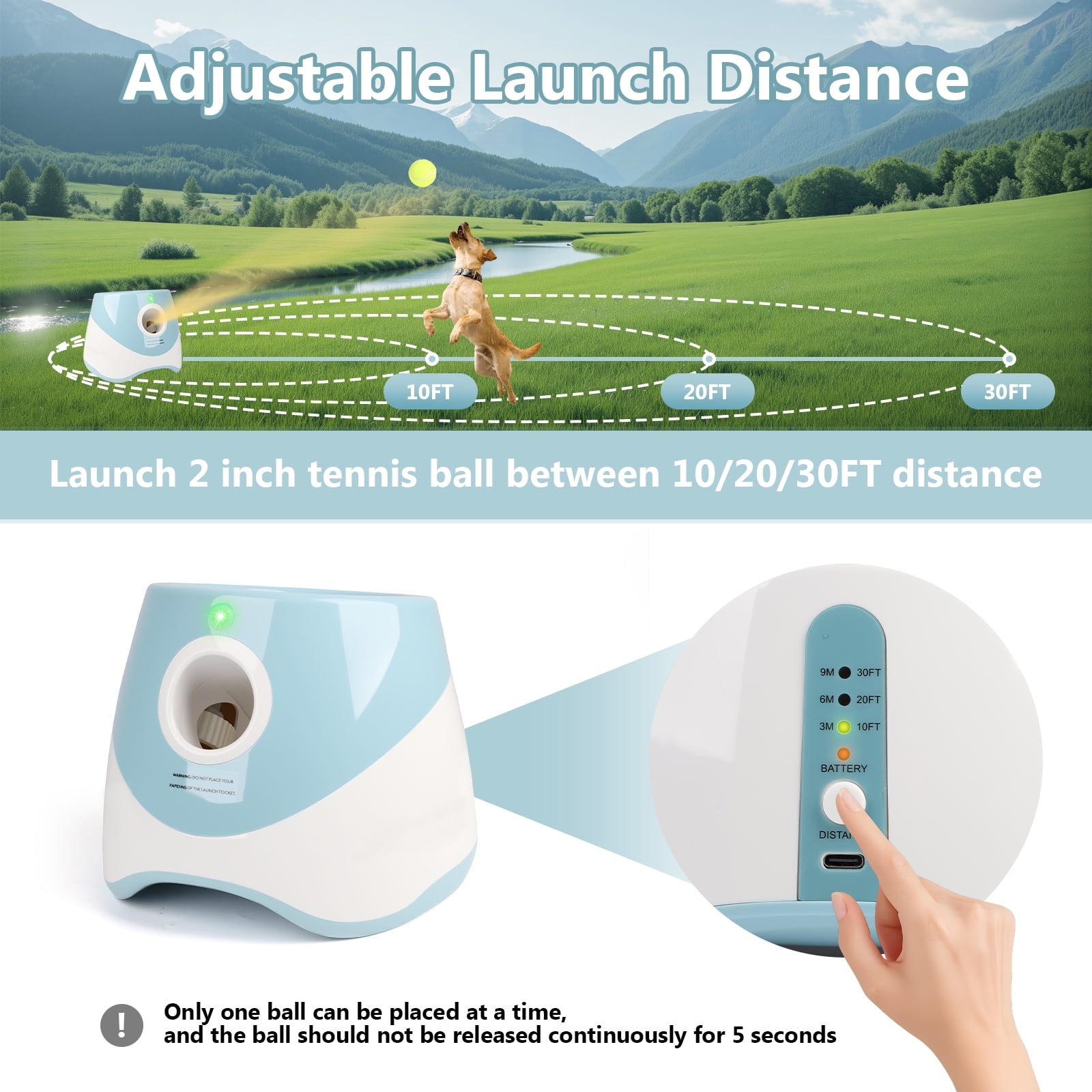 Dongyi Automatic Ball Launcher for Dogs-3 Distance Settings 10-30ft,Interactive Toy for Small & Medium Dogs with 6 Tennis Balls,Indoor/Outdoor Play(Blue)