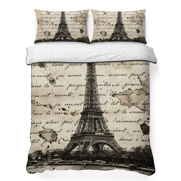 Quilts Twin Size Bedding Set, Paris Tower Lightweight Quilted Comforter, Vintage Words Beige Grey Soft Reversible Bedspread Coverlet with Pillow Covers for All Season, 68" x 86"
