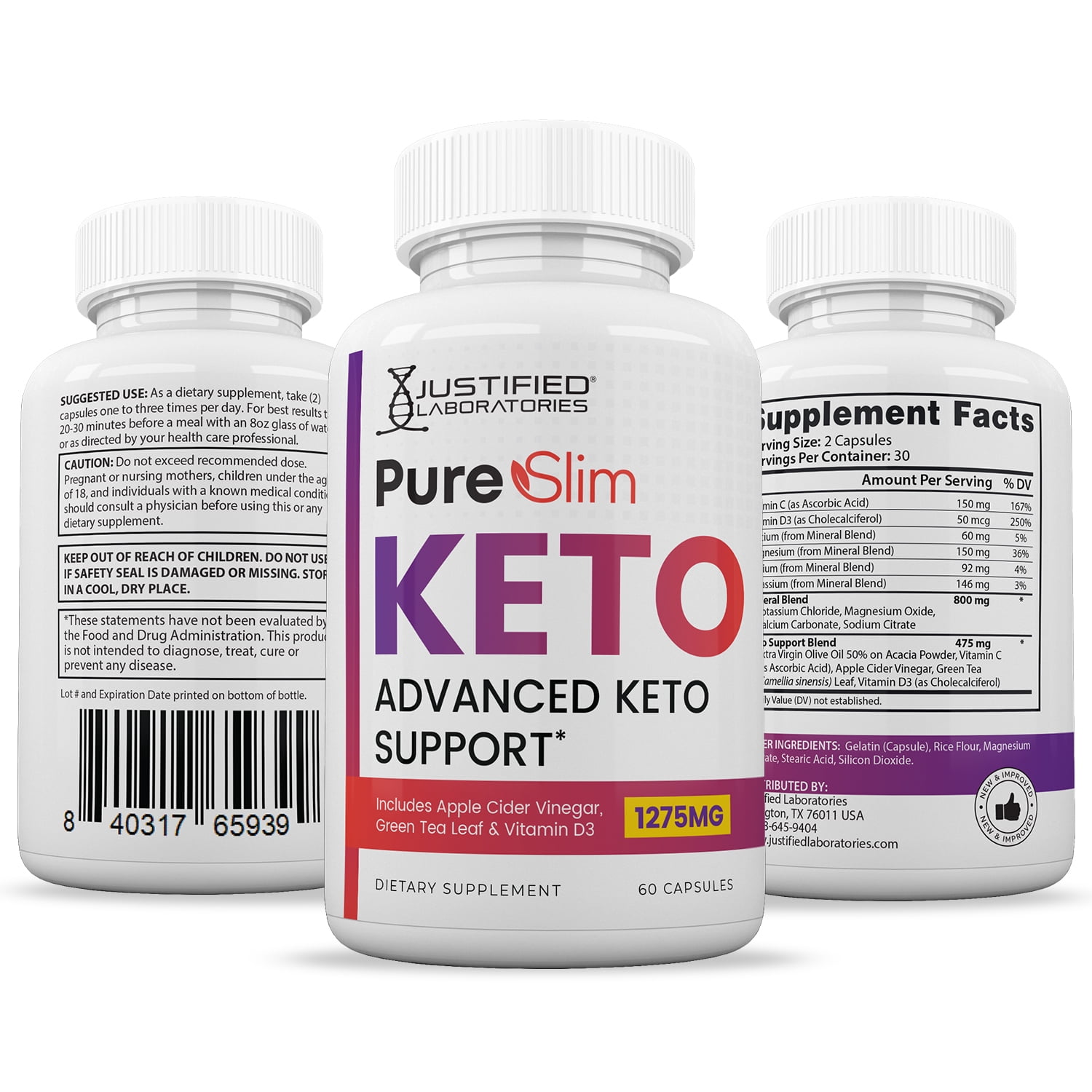 (3 Pack) Pure Slim Keto ACV Pills 1275mg Alternative to Gummies Dietary Supplement 180 Capsules