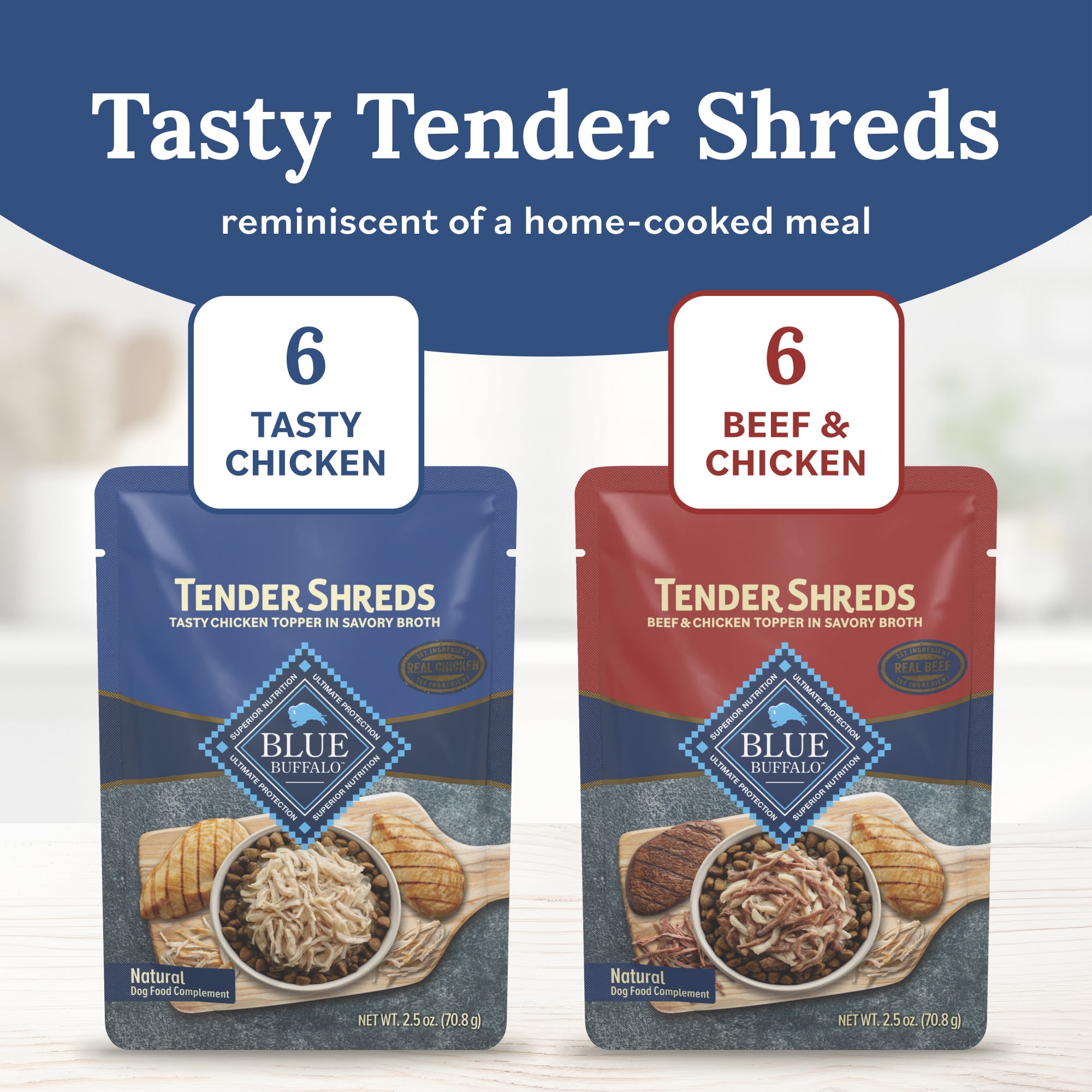 (2 pack) Blue Buffalo Tender Shreds Toppers, Natural Dog Food, 2.5-oz. Pouch, 12-Count Variety Pack