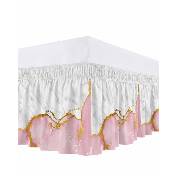 Pink Gold Marble Ruffle Bed Skirt Queen Size Abstract Wave Adjustable Elastic Dust Bed Skirts Wrap Around Bedskirt Wrinkle Free Easy Fit with 18 Inch Drop