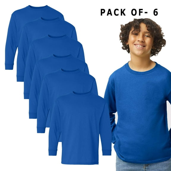 Gildan Heavy Cotton Youth Long Sleeve T-Shirt - Long Sleeve Tee Youth - Bulk Tee | 100% Cotton | Royal | Size XS - Pack of 6