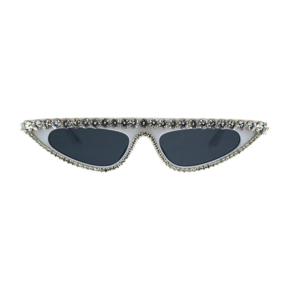 Womens Large Rhinestone Bling Flat Top Narrow Cat Eye Goth Sunglasses White