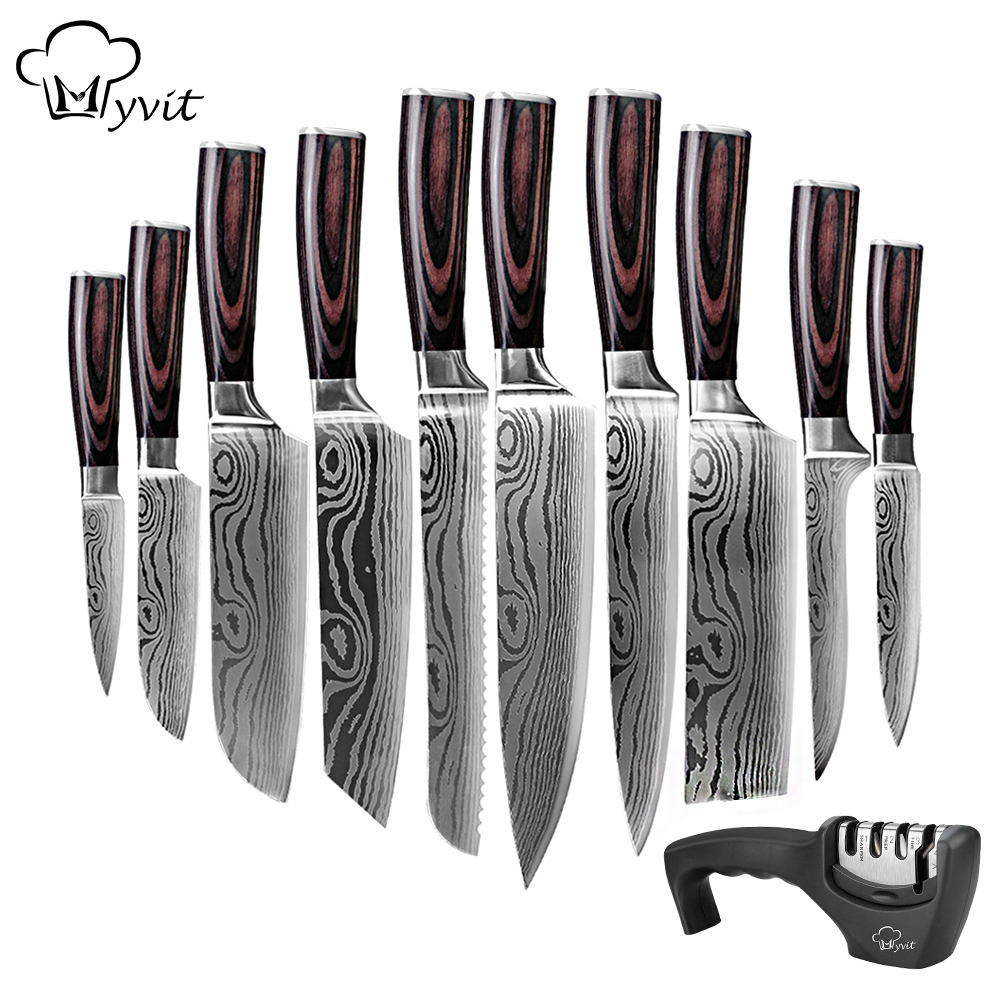 Chef Knife Set 10Pcs Full Tang Stainless Steel Damascus Laser