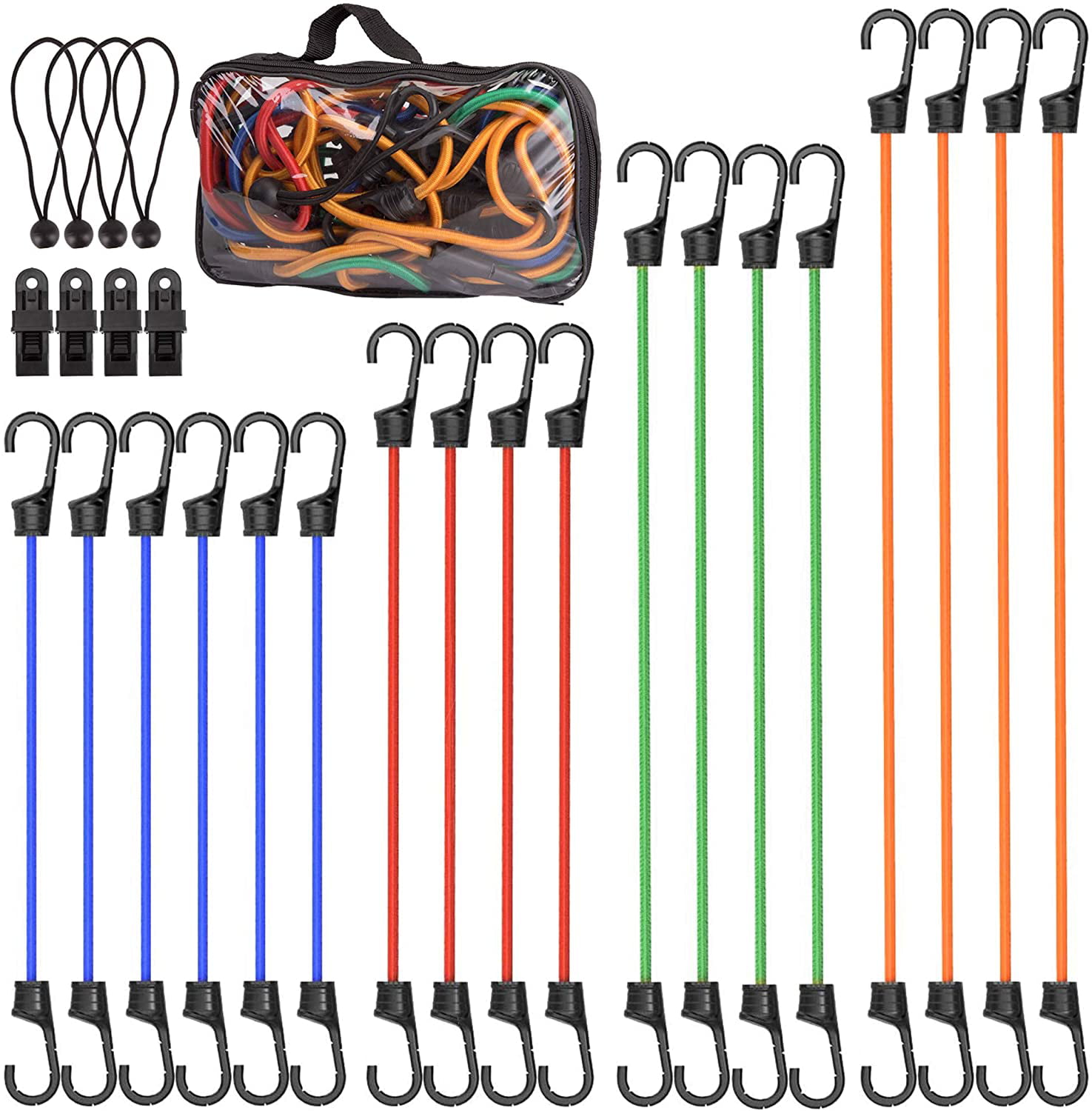 Bungee Cords with Hooks 26pc Heavy Duty Assortment with Storage Case Durable 
