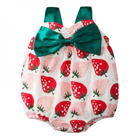 

Final Clearance! Soft Infant Girl Bodysuits Newborn Toddler Girls Sweet Strawberry Print Bowknot Cotton Jumpsuit Sleeveless One-piece Clothes