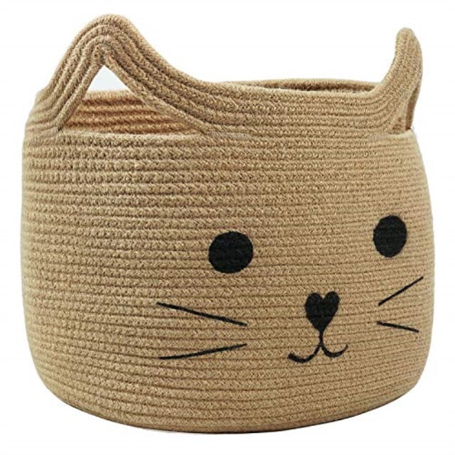 Inwagui Cotton Rope Basket Collapsible Nursery Baby Hamper Cute Cat Storage Box with Handles Office Desk Organizer Home Decor Grey 