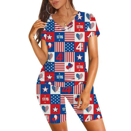 

Women Independence Day Print Casual Short Sleeve Top Short Pants Pajama Set Note Please Buy One Or Two Sizes Larger