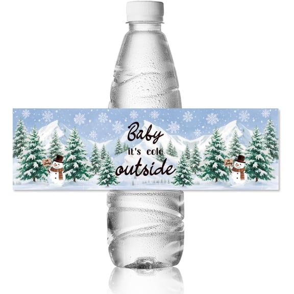 30pcs Winter Water Bottle Labels Pine Tree and Snowman Waterproof Sticker 8.51" x 2.51" Rectangle Water Bottle Wraps Sticker for Wedding Birthday Anniversary Party Event