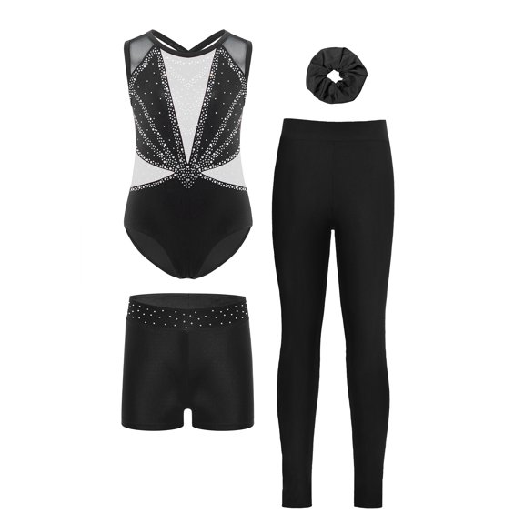 Hansber Kids 4-Piece Workout Sets Gymnastics Leotard with Leggings Shorts Dance Outfits for Stage Performance White 14