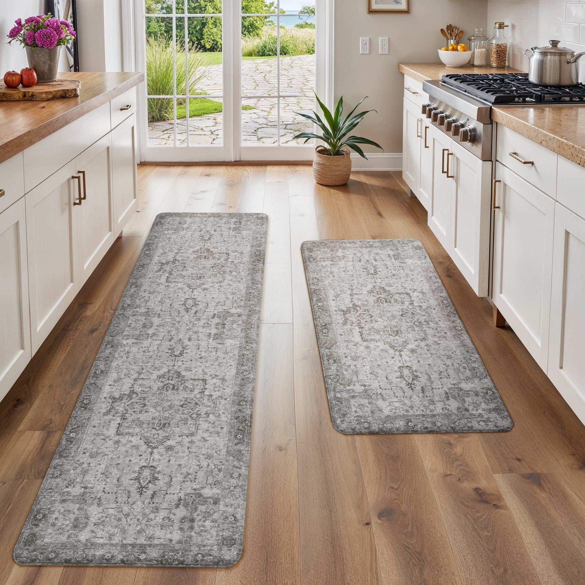 KUETH Kitchen Mats for Floor, Kitchen Rug with Anti Fatigue, Non Slip Washable Kitchen Rug, Set of 2 Kitchen Mat 17"x59"+17"x30", Runner Rug with Waterproof for Bathroon and Bedroom