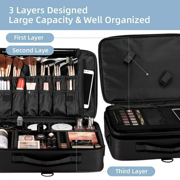 GZCZ 3 Layers Large Capacity Travel Professional Makeup Train Case Cosmetic Brush Organizer Portable Artist Storage bag 16.5 with Adjustable Dividers and Shoulder Strap - Walmart.com