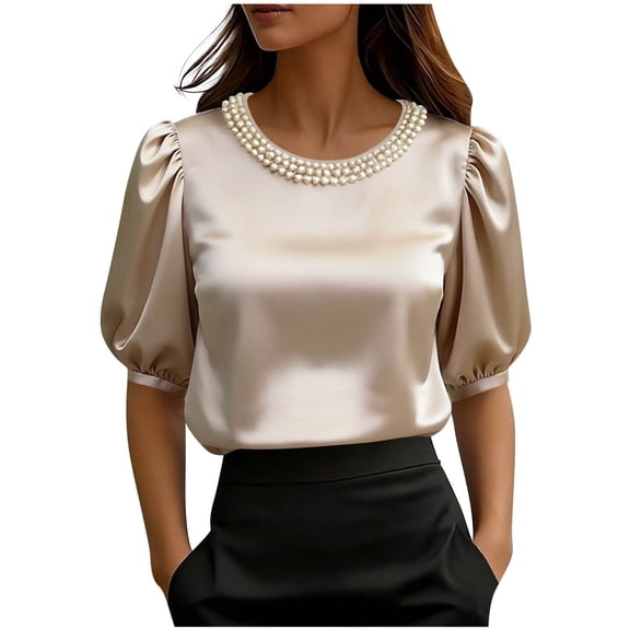 Staron Summer Tops for Women Casual Round Neck Short Sleeve Loose Blouse Basic Solid Color Fashion Pearl Button Shirt, Khaki S