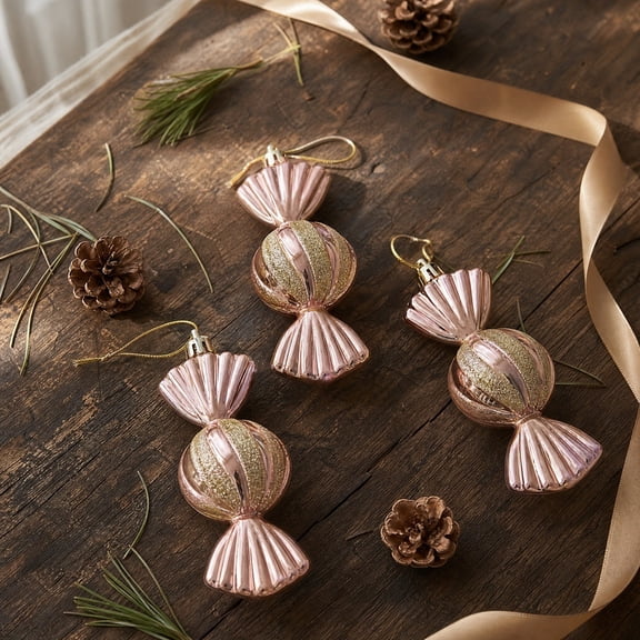 Fmbmuo Candy Shaped Christmas Hanging Ornaments Set Striped Glitter Xmas Tree Pendants Box Packed Festive Hanging Decor for Holiday Party,Pink