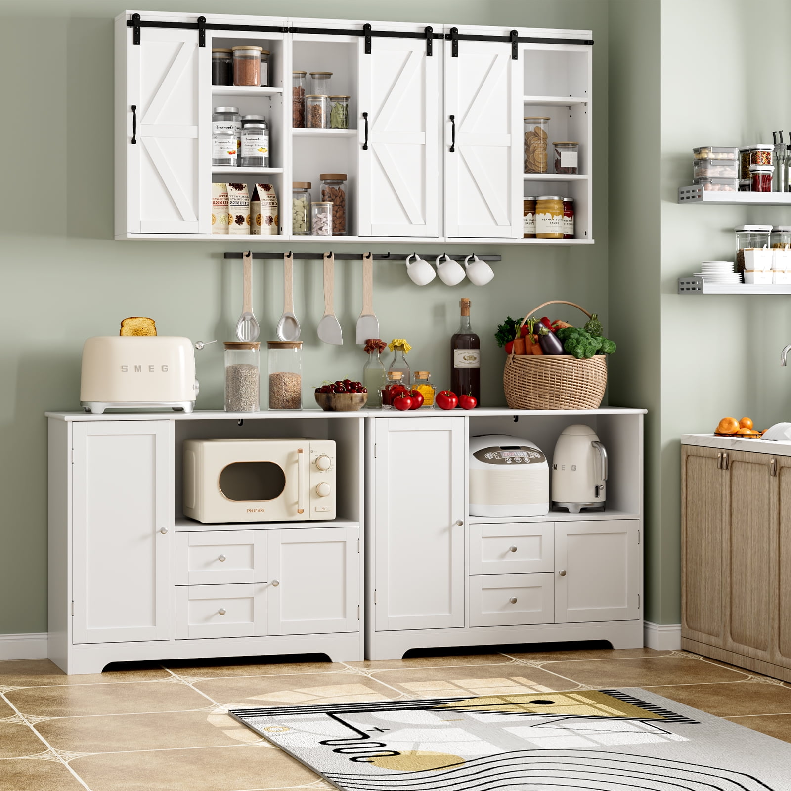 Homfa 40'' Kitchen Storage Cabinet, Buffet Cabinet Sideboard with  Drawers and Adjustable Shelves, Microwave Cabinet for Dining Room, White