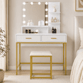 thumbnail image 2 of Ktaxon Vanity Table Set with 3 Color Lighted Mirror & Stool, Makeup Vanity Dressing Table, 2 Drawers and Storage Shelves for Bedroom, Gold Vanity Desk for Women (White), 2 of 10