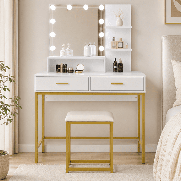 Ktaxon Vanity Table Set with 3 Color Lighted Mirror & Stool, Makeup Vanity Dressing Table, 2 Drawers and Storage Shelves for Bedroom, Gold Vanity Desk for Women (White)