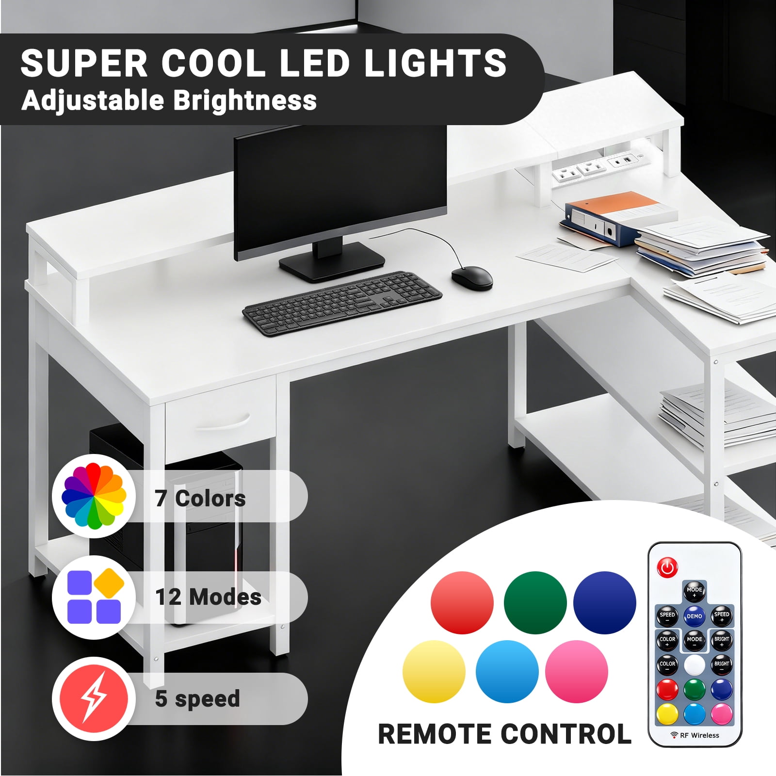 KPUY 47-Inch L Shaped Desk with USB Charging Port LED Light and Monitor Stand, Gaming Desk Home Office Desk for Home Office Dorm Sturdy Writing Workstation, White