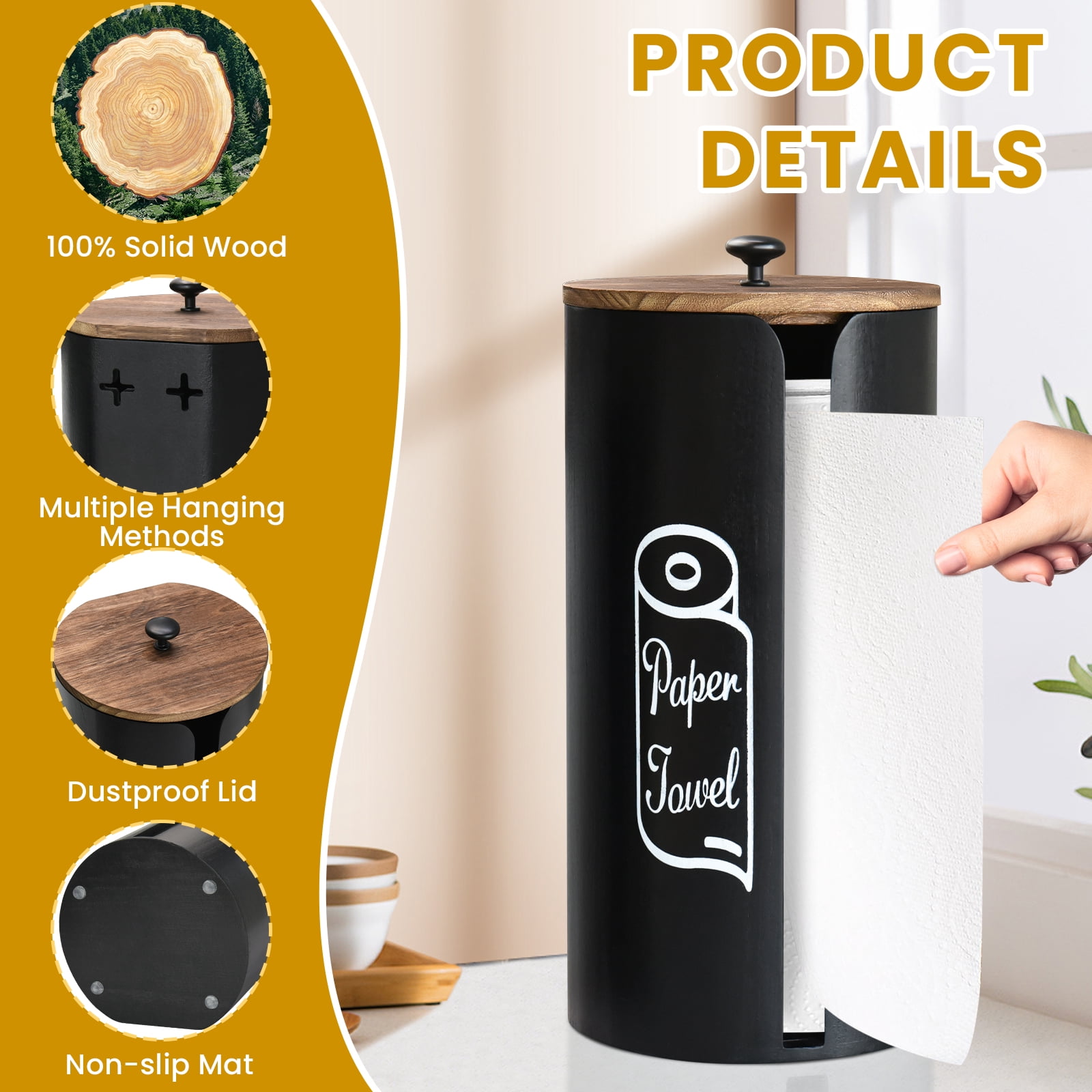 Paper Towel Holder Countertop, Farmhouse Paper Towel Stand for Kitchen, Wood Paper Towel Roll Holder for Kitchen Countertops, Bathroom, Bars & Dining Tables, Rustic Kitchen Decor and Accessories