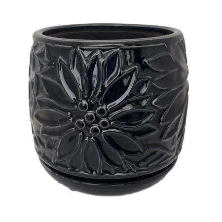 Botanical Delica Ceramic Pot with Attached Saucer - 6  x 6.25  - Dark Denim