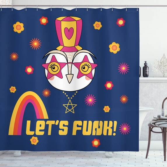 Funny Words Shower Curtain, Cartoon Owl in a Funky Hat Star Shaped Glasses Flowers Rainbow and Typography, Fabric Bathroom Set with Hooks, 69W X 84L Inches Extra Long, Multicolor, by Ambesonne