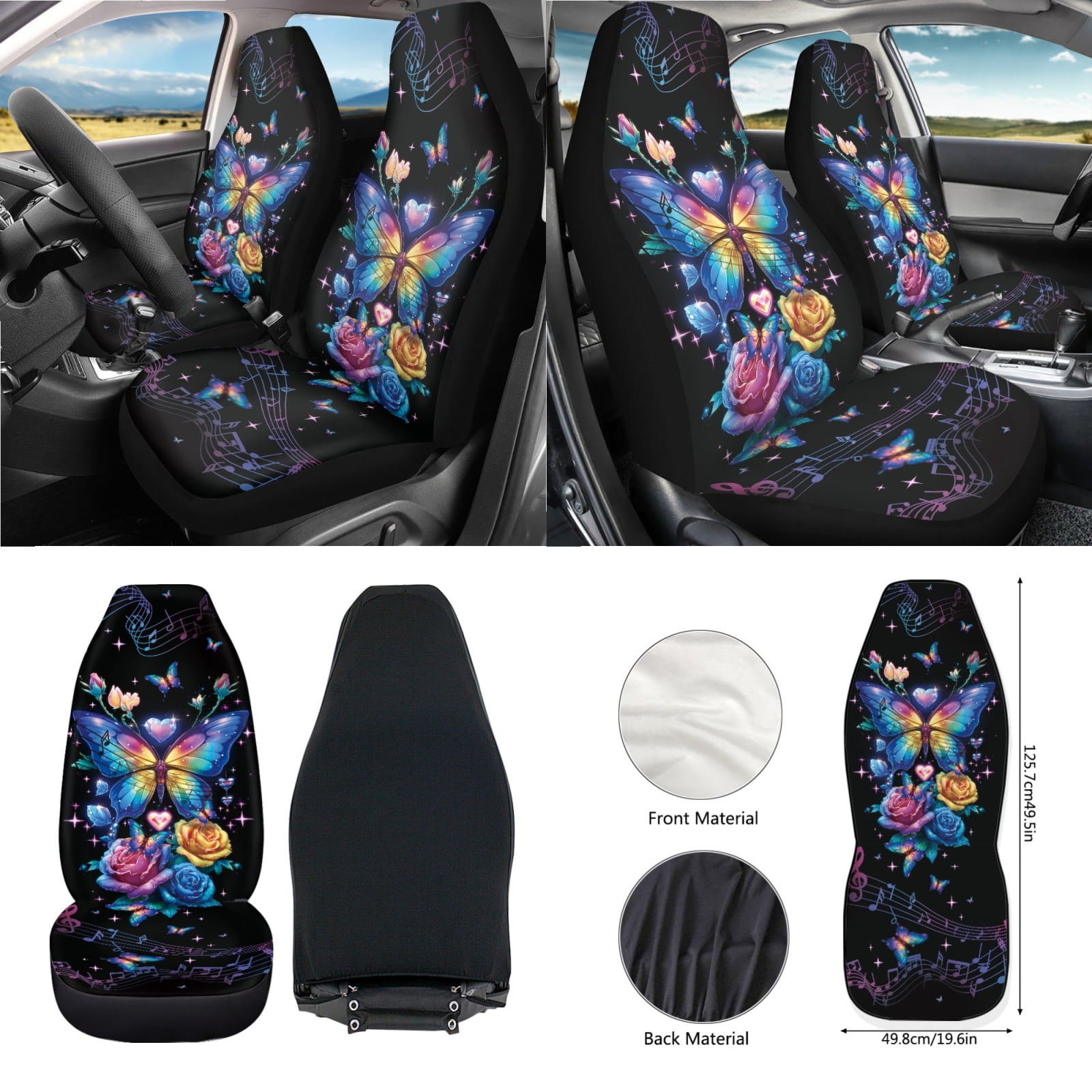 Renewold Butterfly Rose Music Notes 12 Pack Front Car Seat Cover Set with Steering Wheel Armrest Rear View Mirror Cover Seatbelt Pads Trash Can Air Vent Holder Coasters Key Chain Fit SUV Vans Sedans