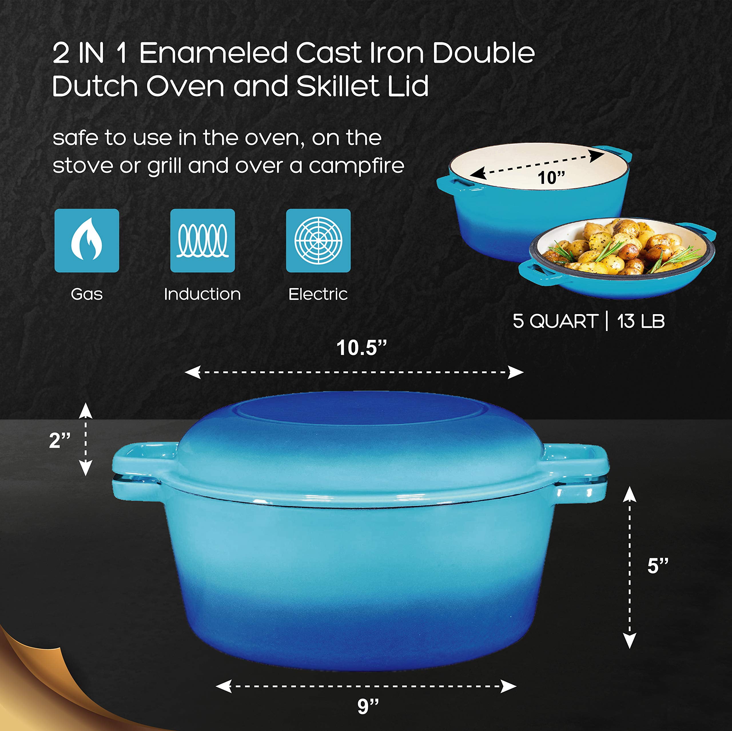 Bruntmor 2-in-1 Puple Enamel Cast Iron Dutch Oven & Skillet Set, All-in-One Cookware for Induction, Electric, Gas, Stovetop & Oven, 5 Quart  in 2023