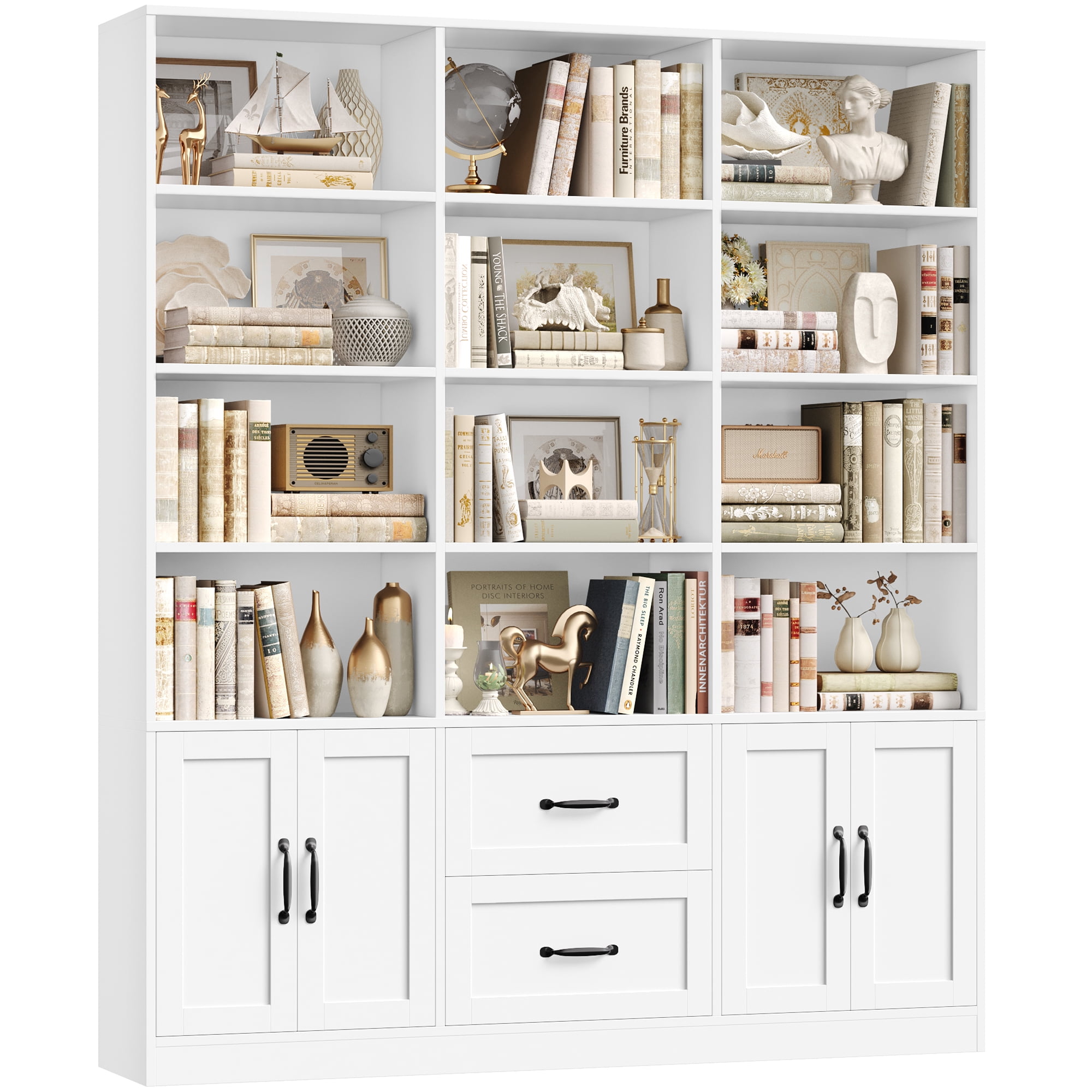 Hiphuta 71" Tall Triple Row 4-Tier Bookcase with 12 Open Cubes, 59" Wide Extra Large Display Bookshelf with 4 Doors and 2 Drawers, for Office Living Room, White