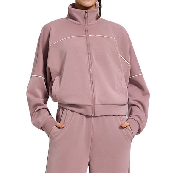 Chaqueta Deportiva de Larga con Solapa y Cremallera para Mujer, Ideal para Otoño e Invierno Chaqueta Holgada para Yoga Al Aire Libre Rosa L