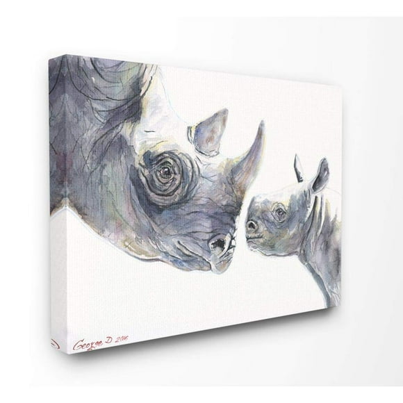 Stupell Industries Cute Baby Rhino Family Animal Watercolor Painting Canvas Wall Art, 36 x 48, Multi-Color
