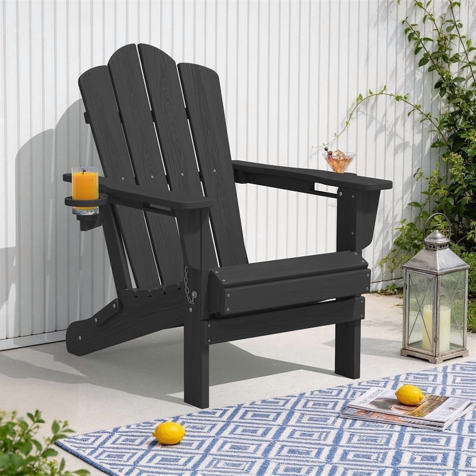 LOYALICE Folding Adirondack Chair with Dual Cup Holders, All-Weather HDPE Outdoor Patio Chair for Backyard, Poolside, Garden, Fire Pit, Black