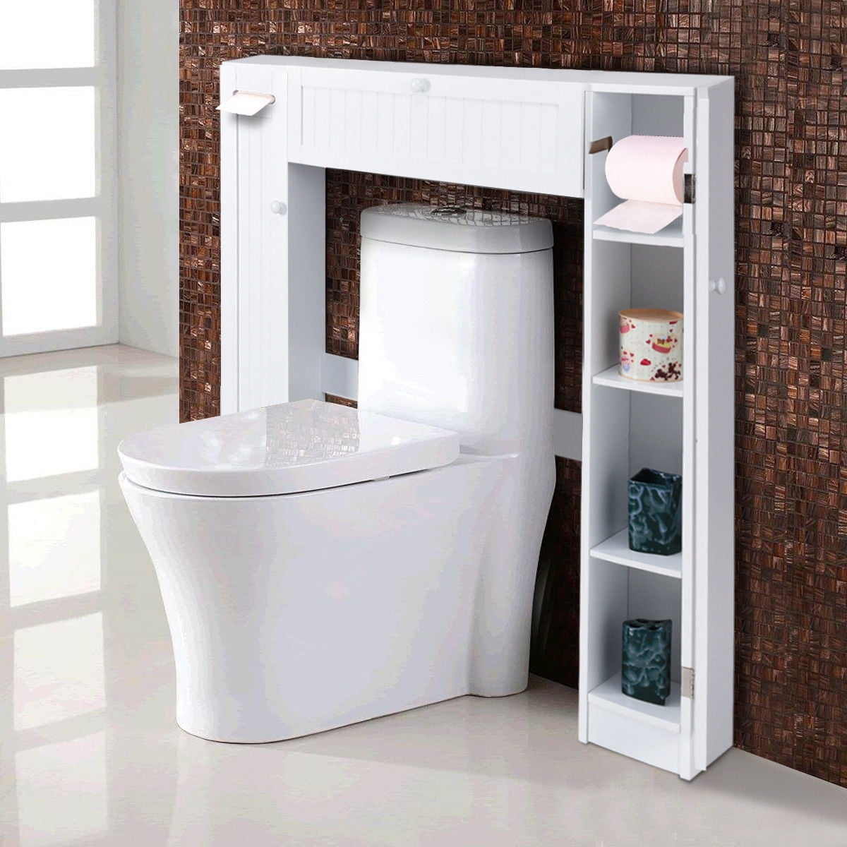 Costway Wooden Over The Toilet Storage Cabinet Drop Door 