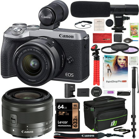 Canon EOS M6 Mark II 2 Mirrorless Digital Camera with 15-45mm f/3.5-6.3 IS STM Lens and EVF Kit Silver 3612C011 Bundle with Deco Gear Case + Microphone + Monopod + Filter Set + 64GB Memory Card