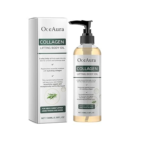 Aceite corporal reafirmante con colágeno y fórmula hidratante para cuello, escote, brazos y muslos (100 ml / 3,38 fl oz); textura sedosa para una piel fresca y luminosa.