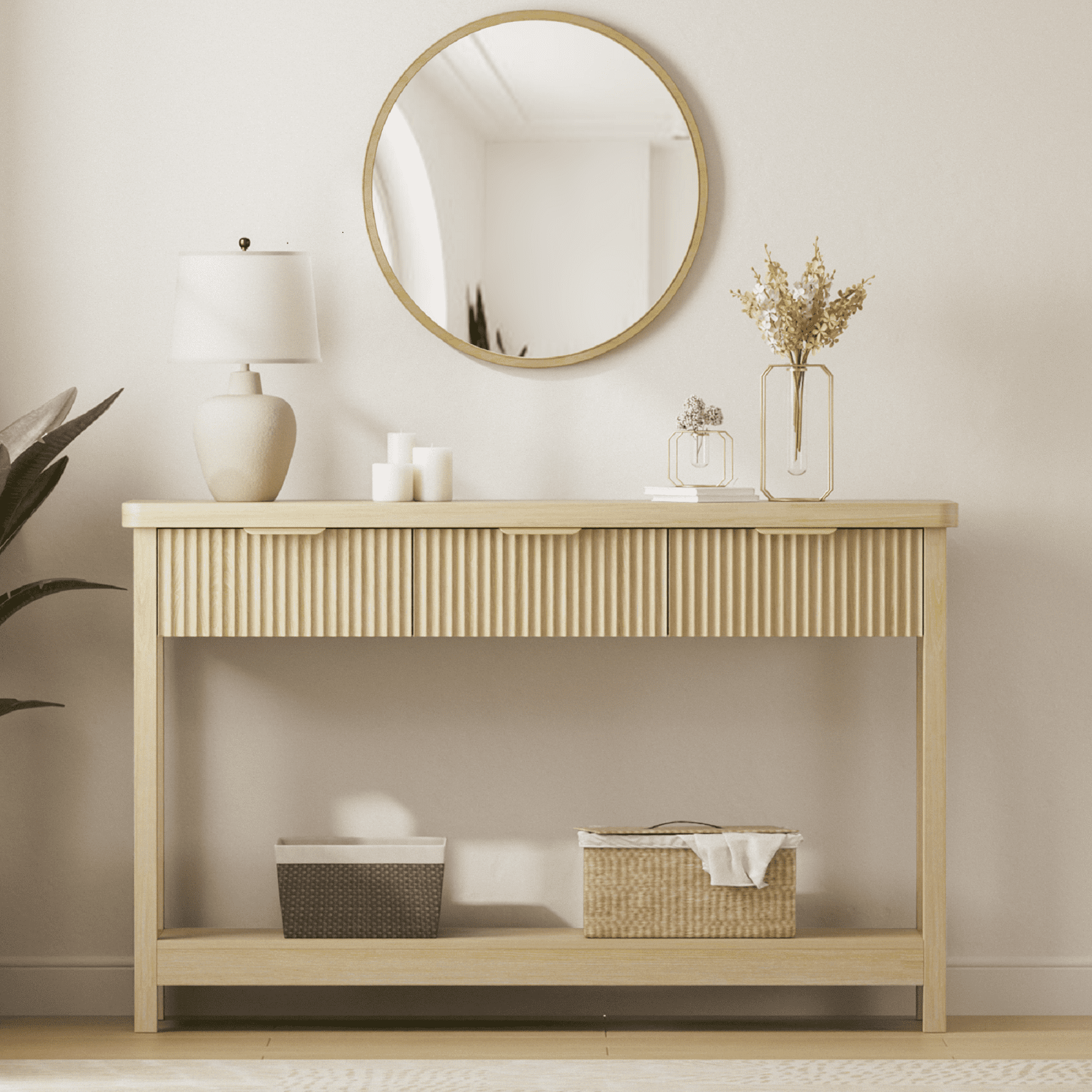 Laintene Fluted Console Table, 51" Narrow Entryway Table with 3 Drawers, Wood Console Sofa Table with Storage Open Shelf, Modern Display Shelf for Living Room Wall Hallway Foyer, Natural Oak