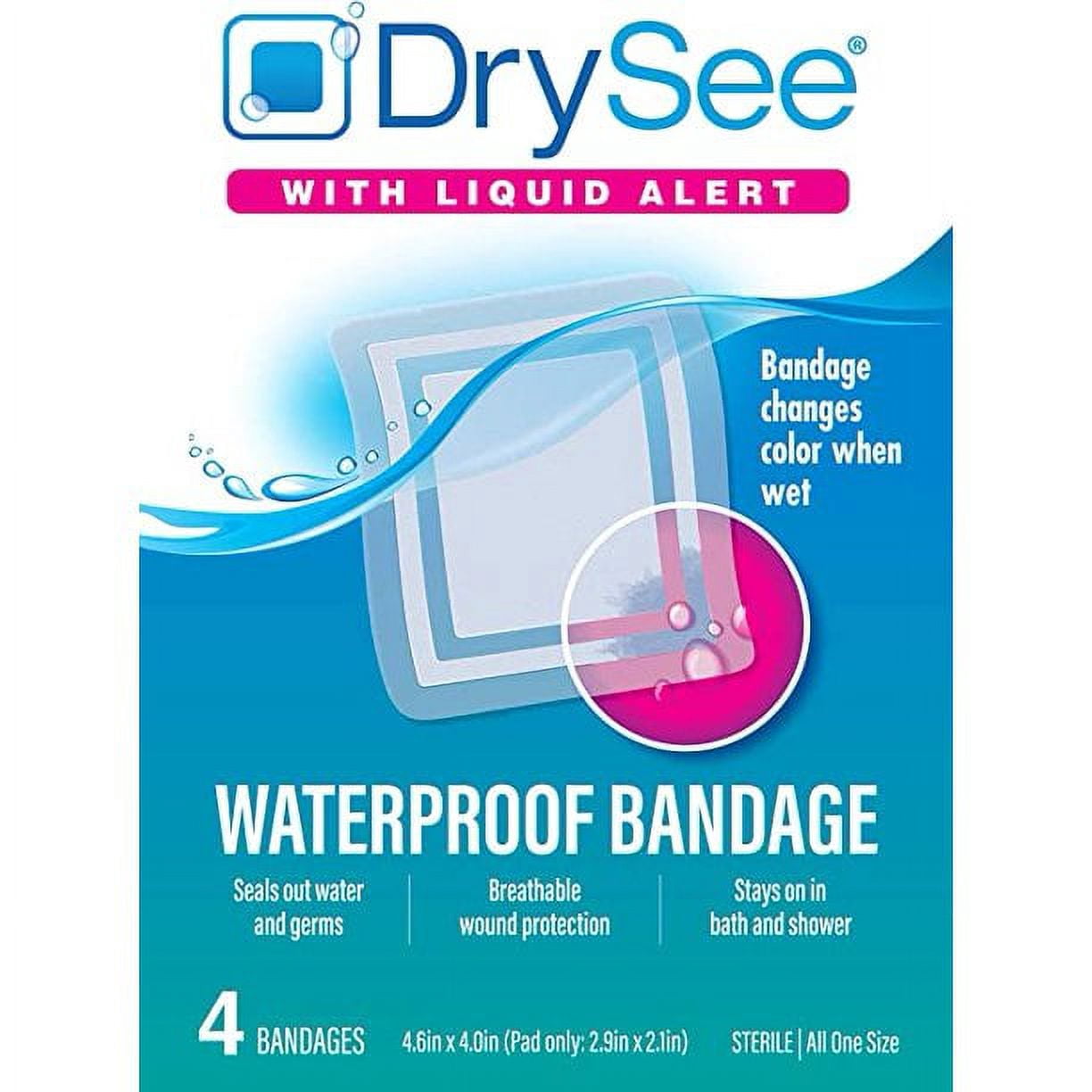 DrySee Waterproof Bandages - Large Bandages for Wound Care, Tattoos, Post Surgical - Changes Color When Wet (4x4) - 4 Count