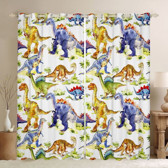 Homewish Cartoon Dinosaur Print Black Out Curtains, Tropical Coconut Tree Curtains Pack of 2 (42x63 Each), Teens Kids Boys Girls Bedroom Curtains, Window Curtains Decor