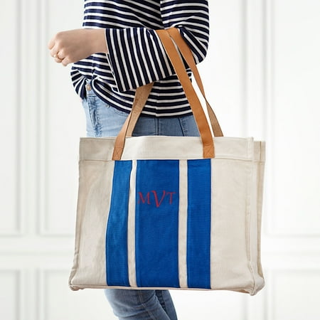 Personalized Leather - Personalized Stripe 17.5-Inch Canvas Tote with Leather Handles